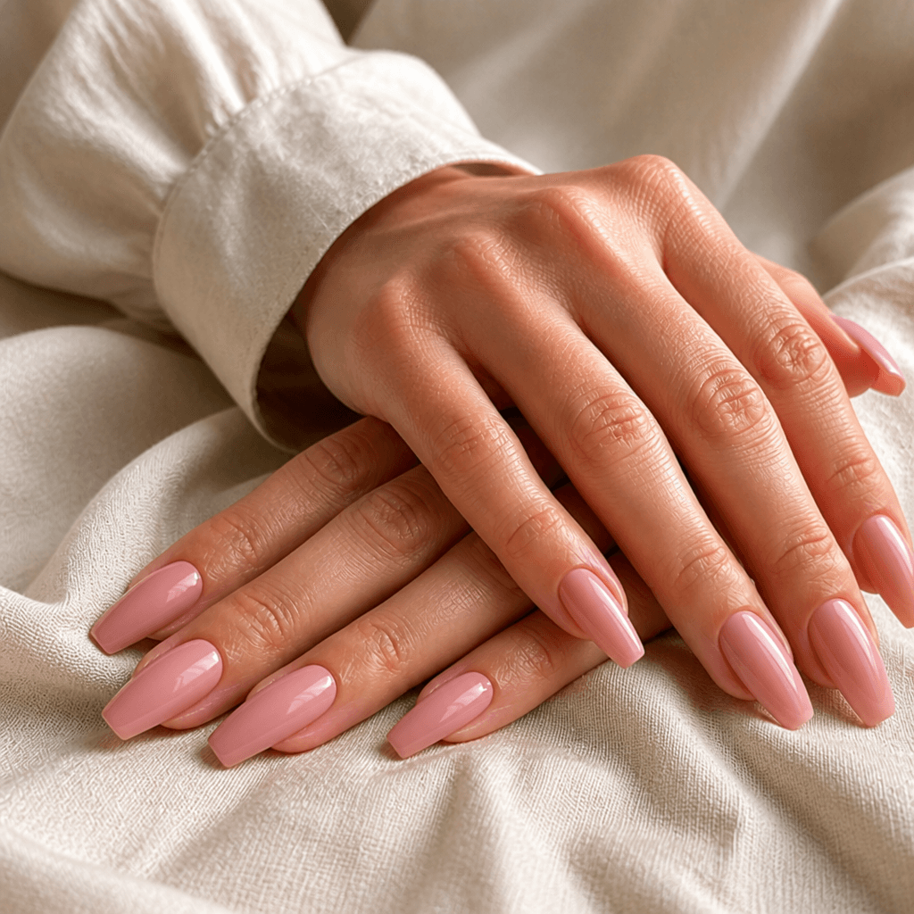 Long almond acrylic set in glossy nude-pink