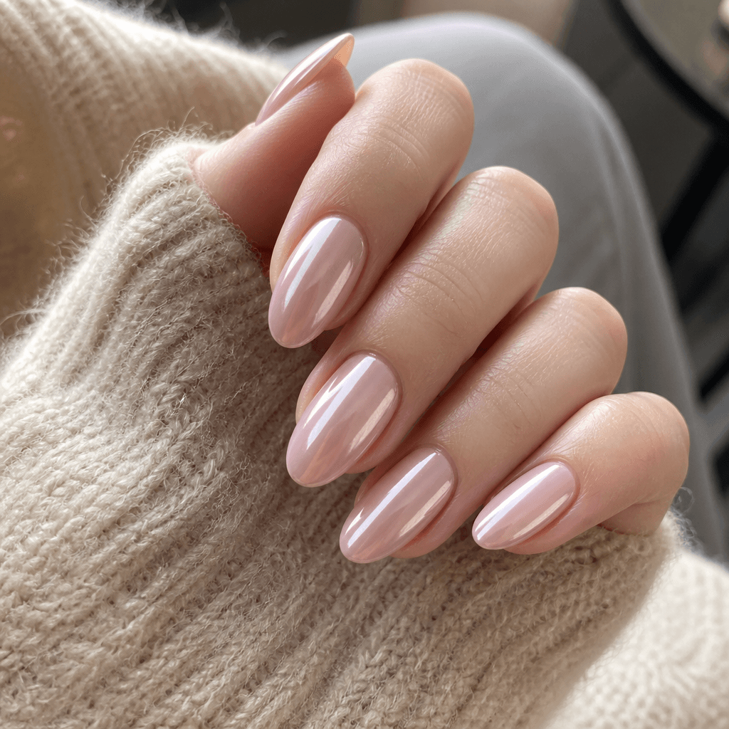 Milky chrome-pink gel manicure on a knit