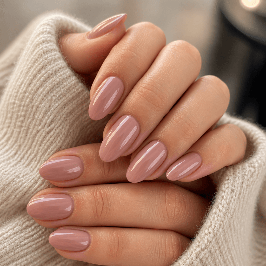 Dusty rose dip powder manicure on knit